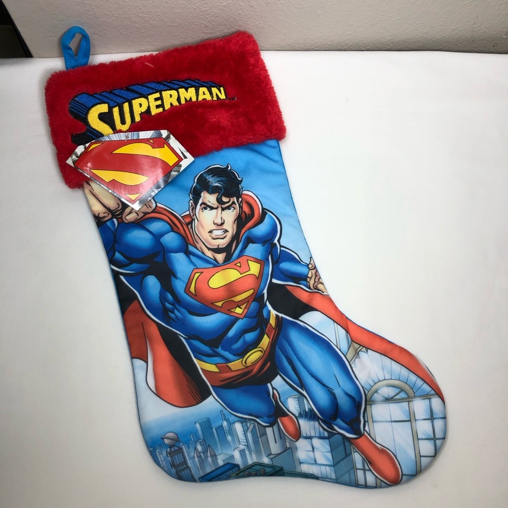 DC Comics Fur Cuff Printed Fabric Superman Ref Blue Christmas Stocking 18” - Picture 2 of 10
